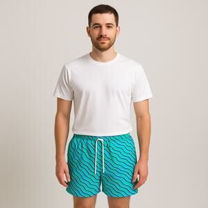 Fair Harbor Men’s Swim Trunks Shorts Blue Green Wave Print Lined Size XL NWOT